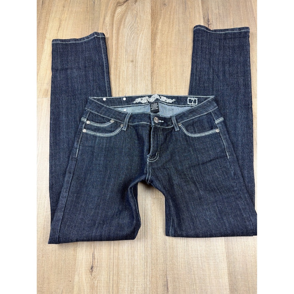 Rampage Vintage 2000s Dark Wash Contrast Stitch Low Rise Straight Leg Jeans 7